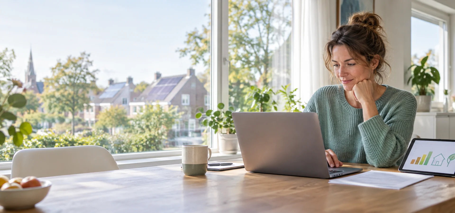 Zelfstandige werkt thuis met uitzicht op Nederlandse woningen met zonnepanelen