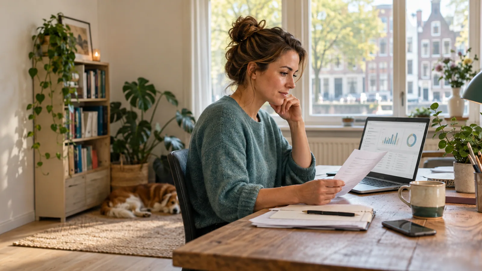 Zelfstandige ondernemer controleert haar facturen en administratie